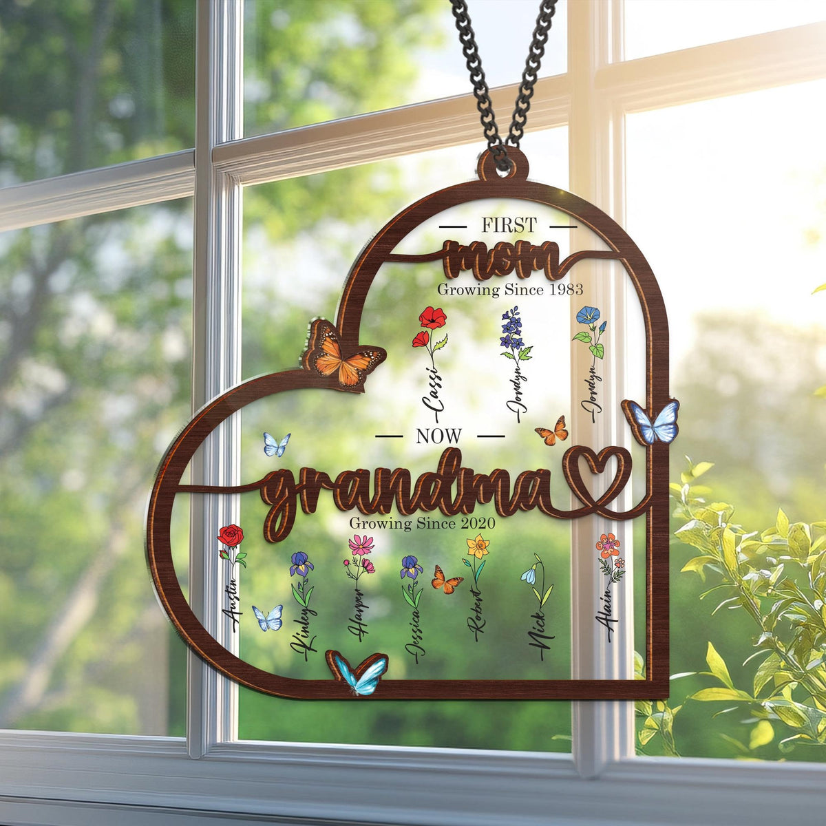 Grandma's Garden Suncatcher First Mom Now Grandma Personalized Birth Flower Stained Glass Window Hanging Suncatcher Mothers Day Gift For Mom