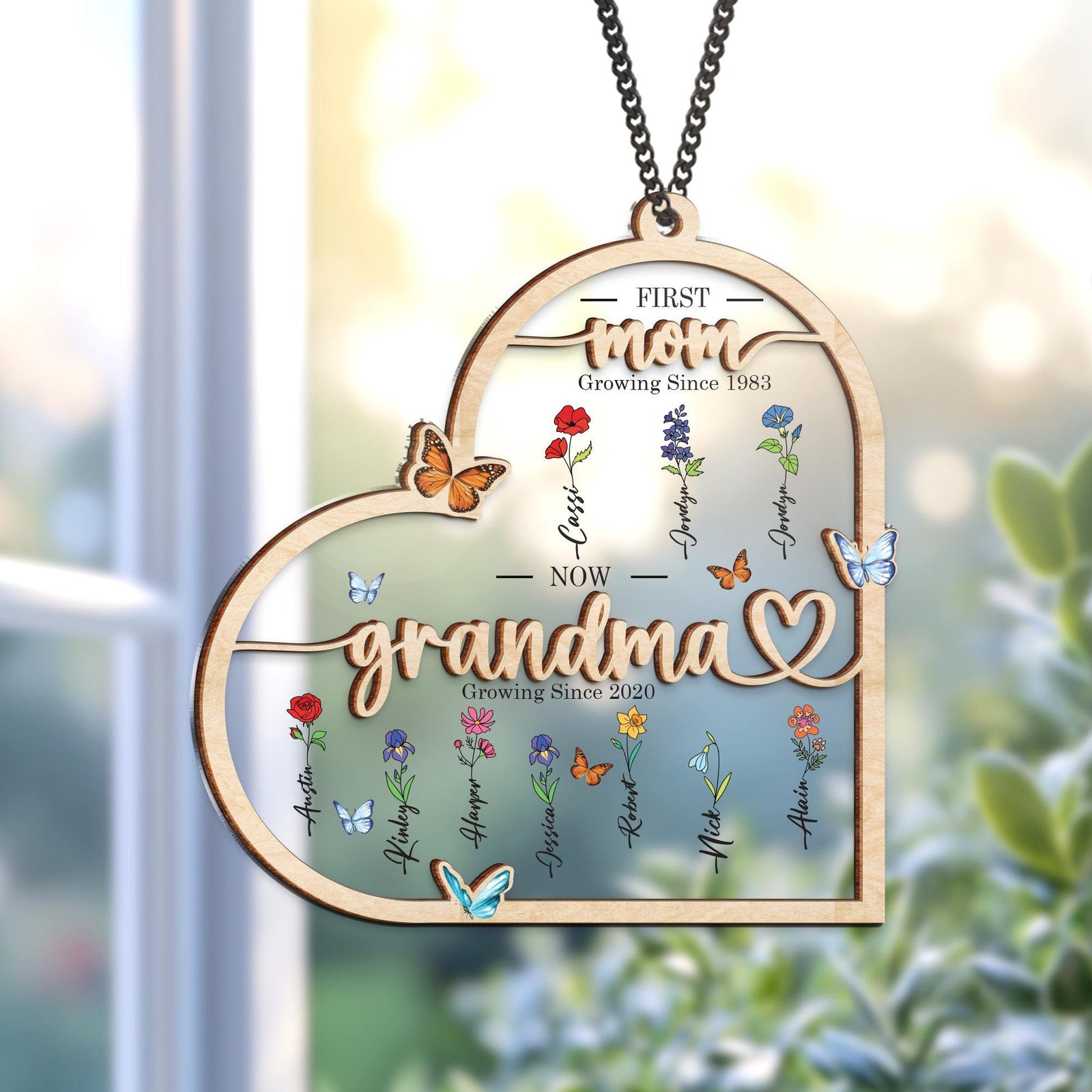 Grandma's Garden Suncatcher First Mom Now Grandma Personalized Birth Flower Stained Glass Window Hanging Suncatcher Mothers Day Gift For Mom