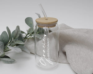 Personalised Glass | Drinkware with lid and straw | Iced Coffee Glass | Travel Cup | Large 500ml glass | Glass with lid and straw