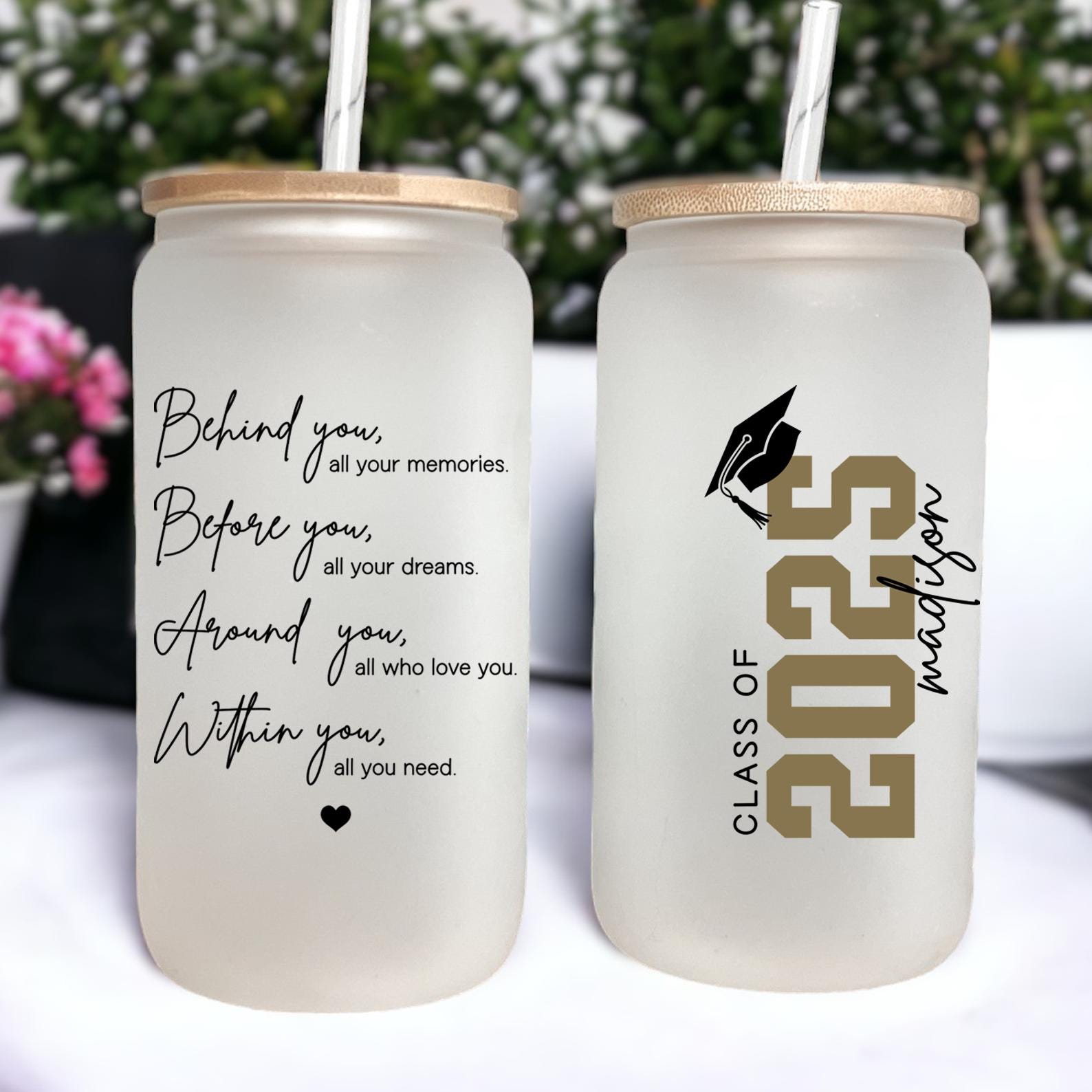 Behind you All Your Dreams Glass Tumbler, Graduation Iced Coffee Cup, Graduation Glass Can with Lid and Straw
