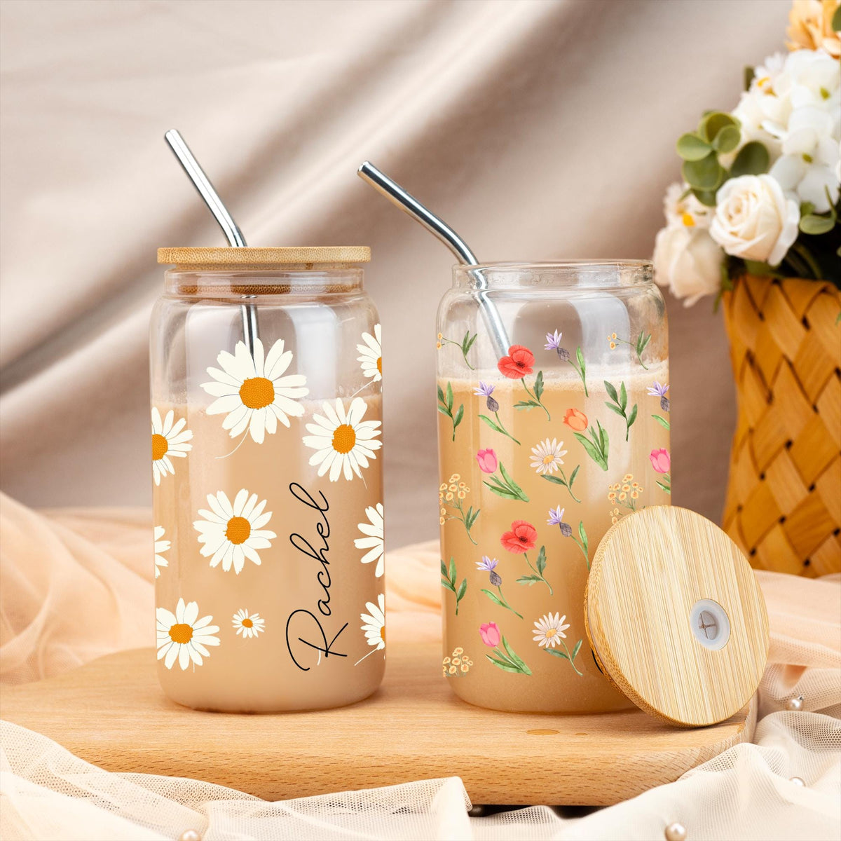 Custom Glass Coffee Cup,Drinkware With Lid And Straw,Travel Mug,Iced Coffee Glass,Bridesmaid Gift,Mother's Day Gift,Graduation Gift For Girl