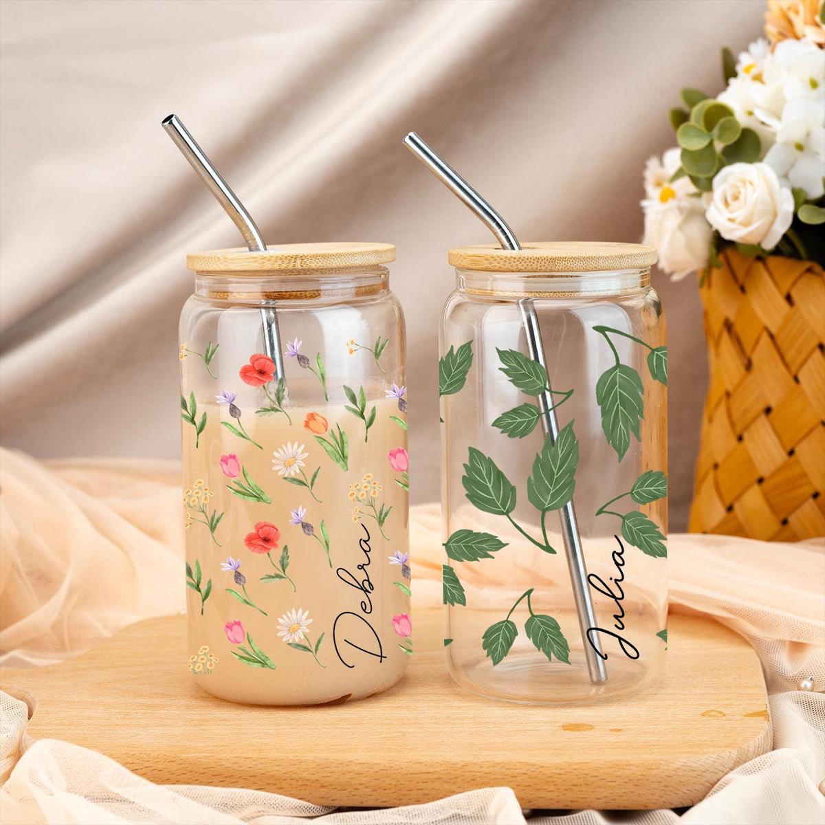 Custom Glass Coffee Cup,Drinkware With Lid And Straw,Travel Mug,Iced Coffee Glass,Bridesmaid Gift,Mother's Day Gift,Graduation Gift For Girl