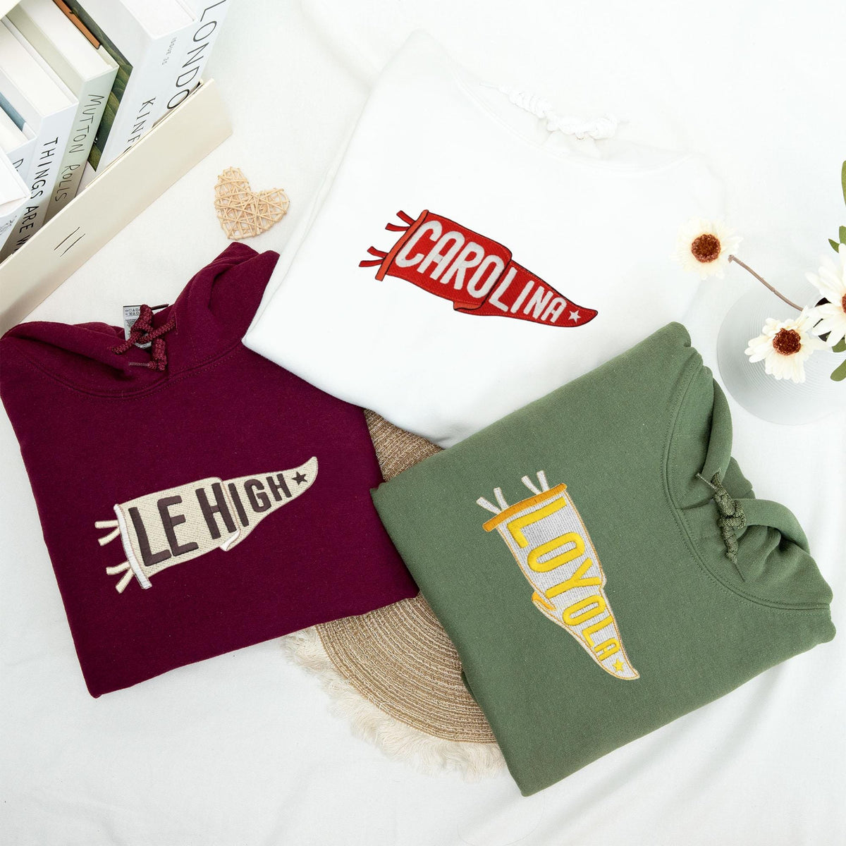 Embroidered Pennant Sweatshirt with Team Name, Custom Embroidered Pennant Shirt, Custom High School College Hoodie, Game Day, Friend Gift