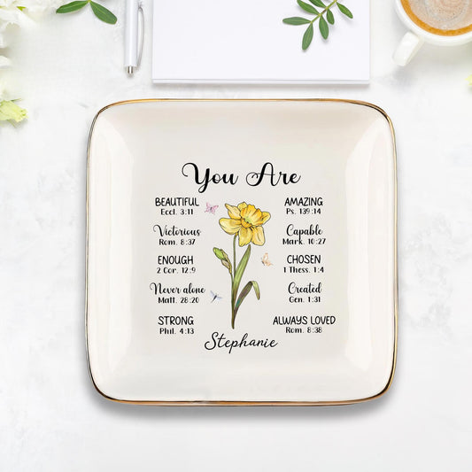 Personalized Bible Verse Jewelry Dish, Birth Flower Ring Dish, Faith Christian Birthday Gift, Mother's Day Gifts For Mom, Christian Gift