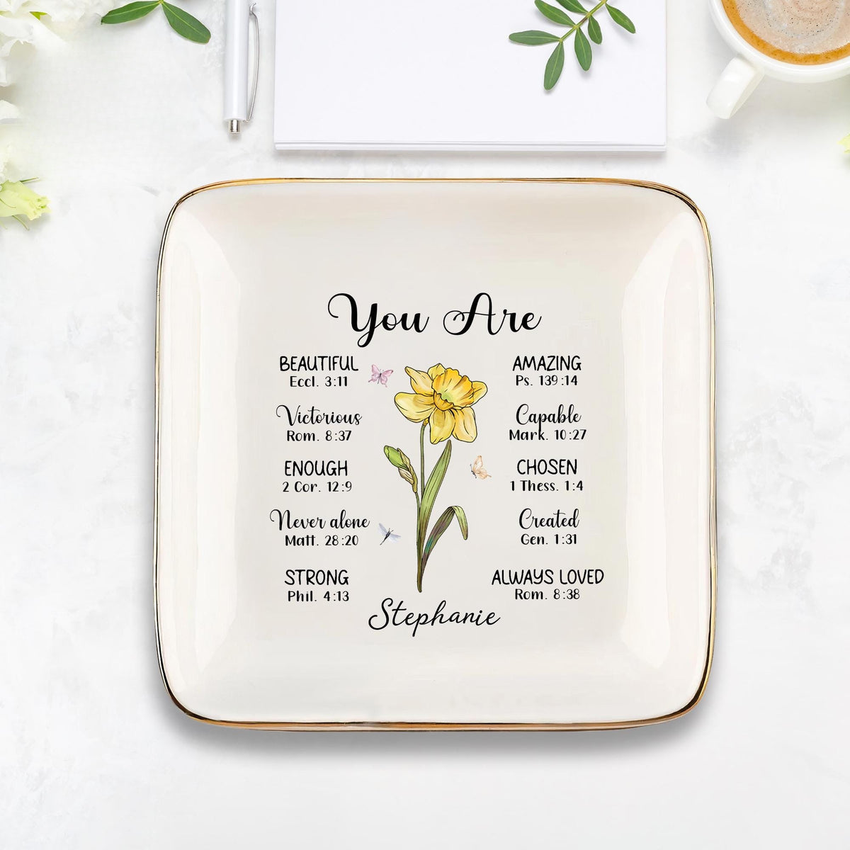 Personalized Bible Verse Jewelry Dish, Birth Flower Ring Dish, Faith Christian Birthday Gift, Mother's Day Gifts For Mom, Christian Gift