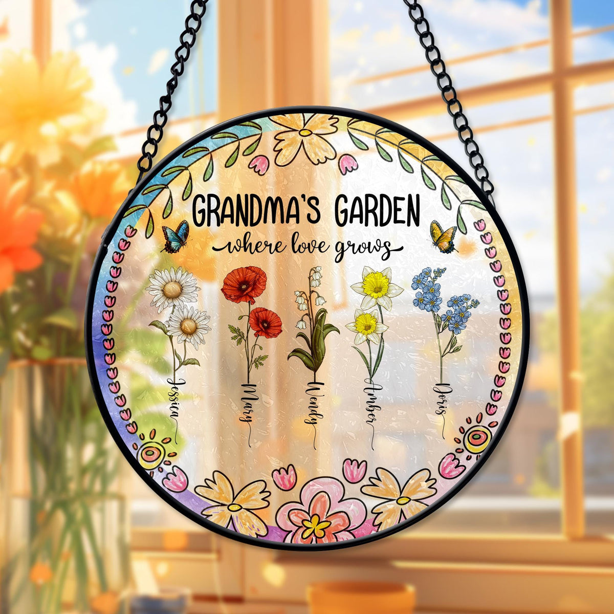 Grandma Gift, Personalized Grandma's Garden Gift For Grandma, Mother's Day Gift For Grandma, Nana Birth Month Flower Stain Glass Suncatcher