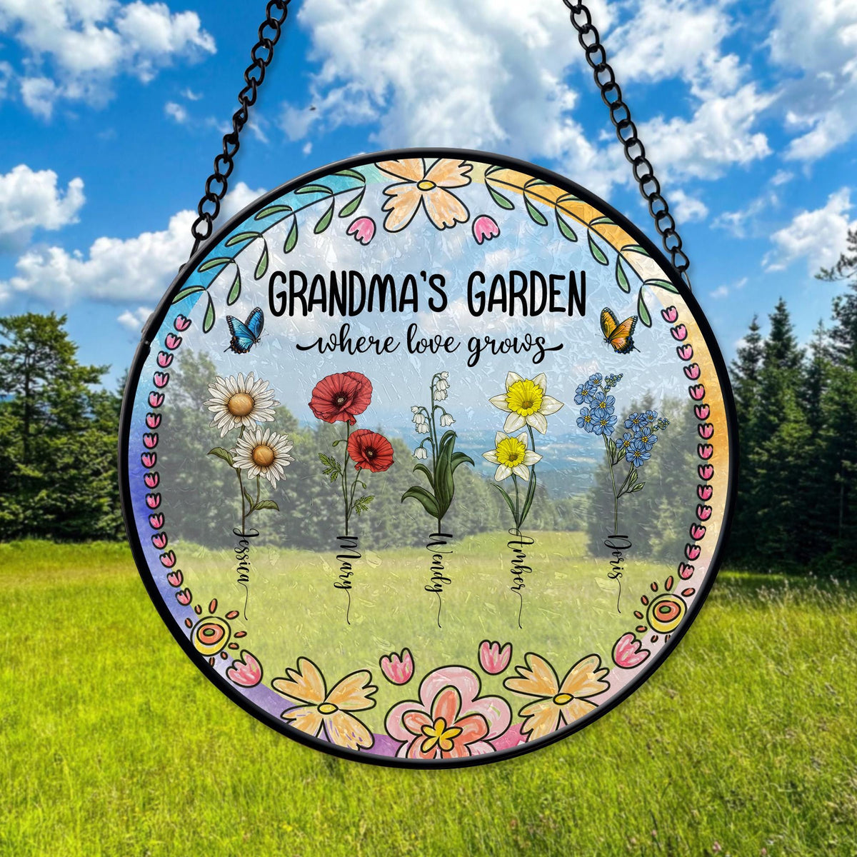Grandma Gift, Personalized Grandma's Garden Gift For Grandma, Mother's Day Gift For Grandma, Nana Birth Month Flower Stain Glass Suncatcher