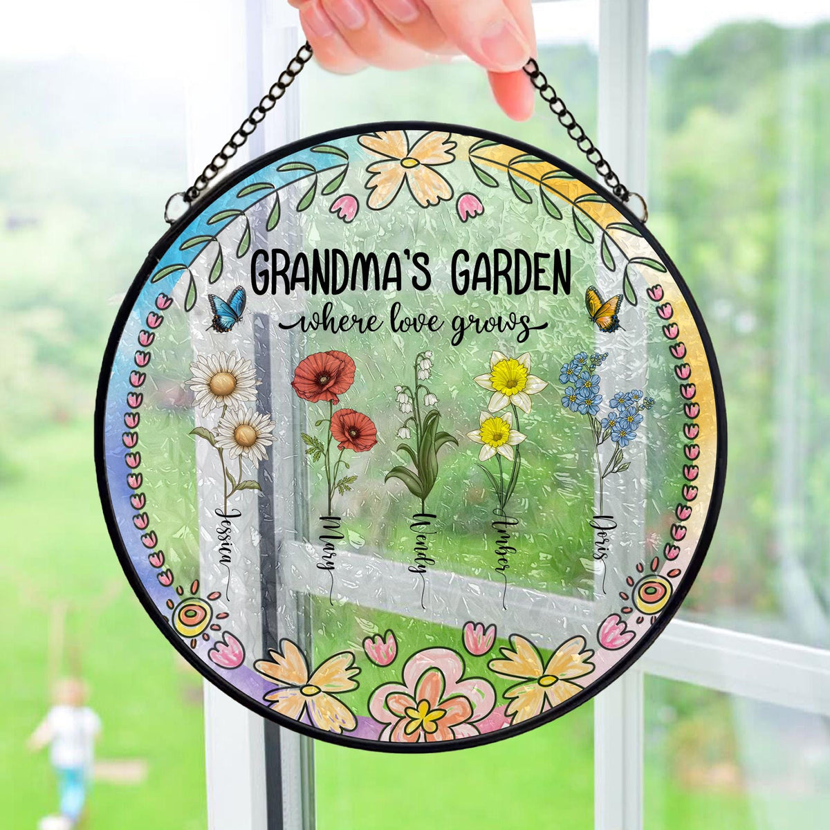Grandma Gift, Personalized Grandma's Garden Gift For Grandma, Mother's Day Gift For Grandma, Nana Birth Month Flower Stain Glass Suncatcher