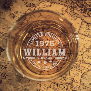 Custom 50th Birthday Whiskey Glass - Personalized Vintage Rock Glass Gifts for Men