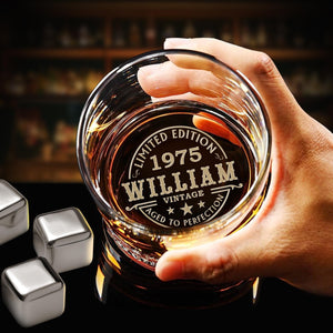Custom 50th Birthday Whiskey Glass - Personalized Vintage Rock Glass Gifts for Men