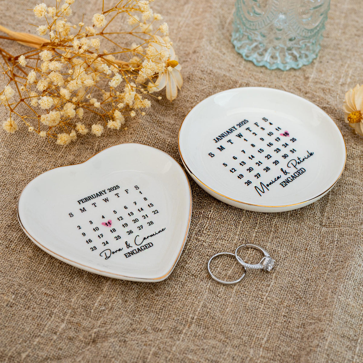 Custom Wedding Calendar Date Jewelry Dish, Wedding Ring Dish, Engagement Trinket Dish, Married Keepsake Gift for Couples,Newlywed Gifts