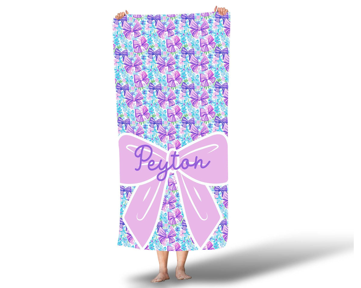 Girls Personalized Bow Floral Beach Towel, Preppy Girls Pool Towel with Name