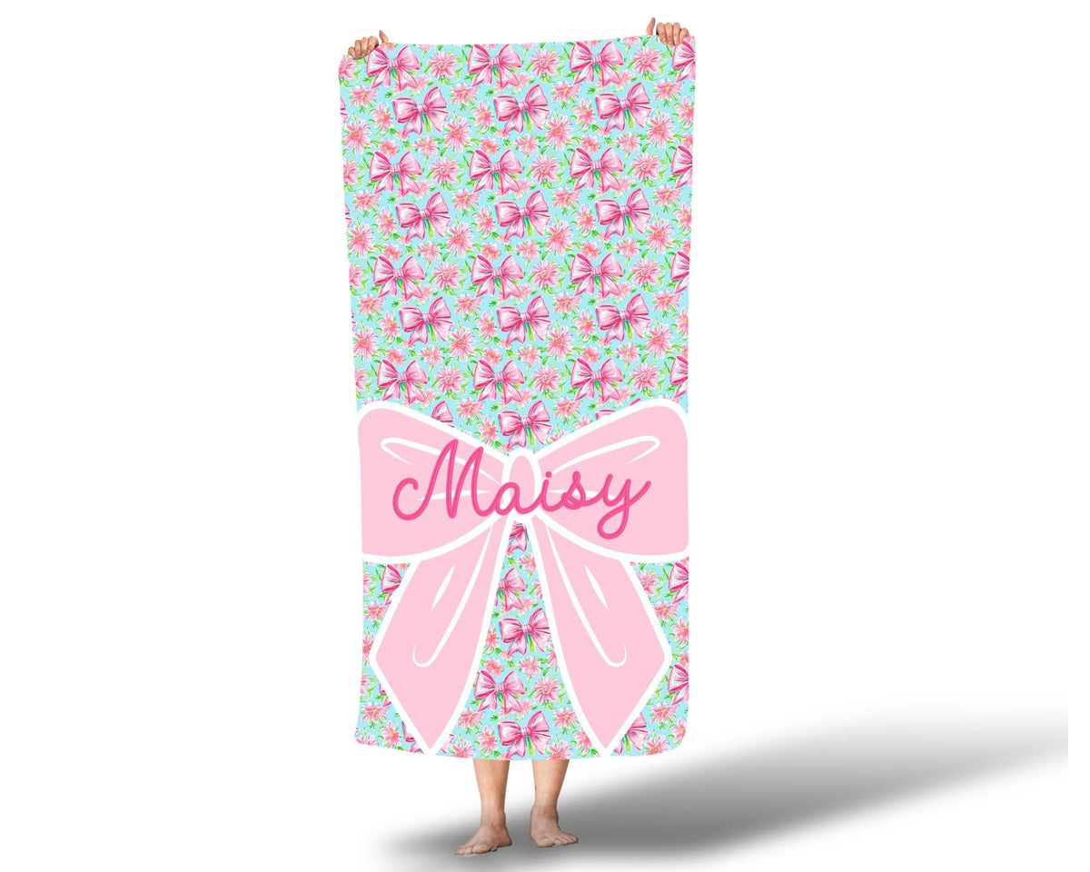 Girls Personalized Bow Floral Beach Towel, Preppy Girls Pool Towel with Name
