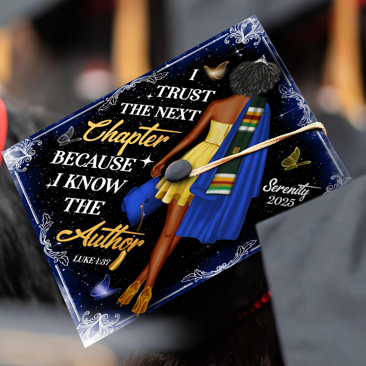 Personalized Religious Graduation Cap Topper with Verses, Black Queen Grad Cap Decoration, Custom Christian Grad Cap