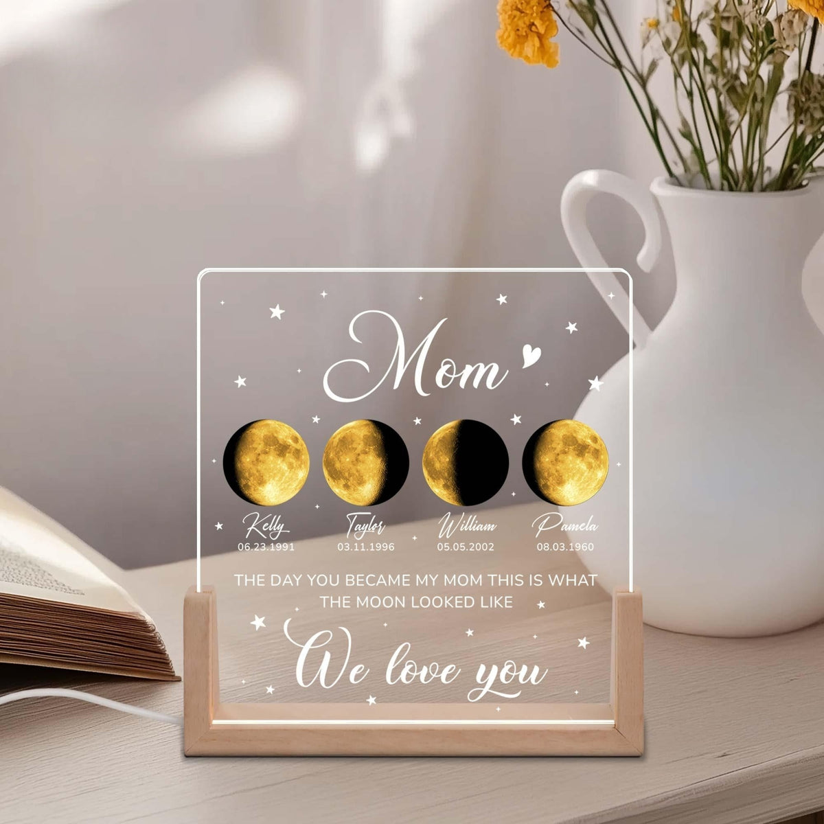 Personalized Moon Phase by Date Gift, Personalised Mom Moon Phase Night Light, Mother s Day Gift, Gift For Mom, Custom Lunar By Date Gifts