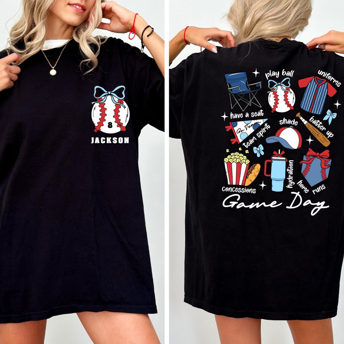 Personalized Baseball Mama Shirt, Baseball Mom Shirt with Kid Name Number, Game Day Mom Shirt, Coquette Baseball Mom Shirt