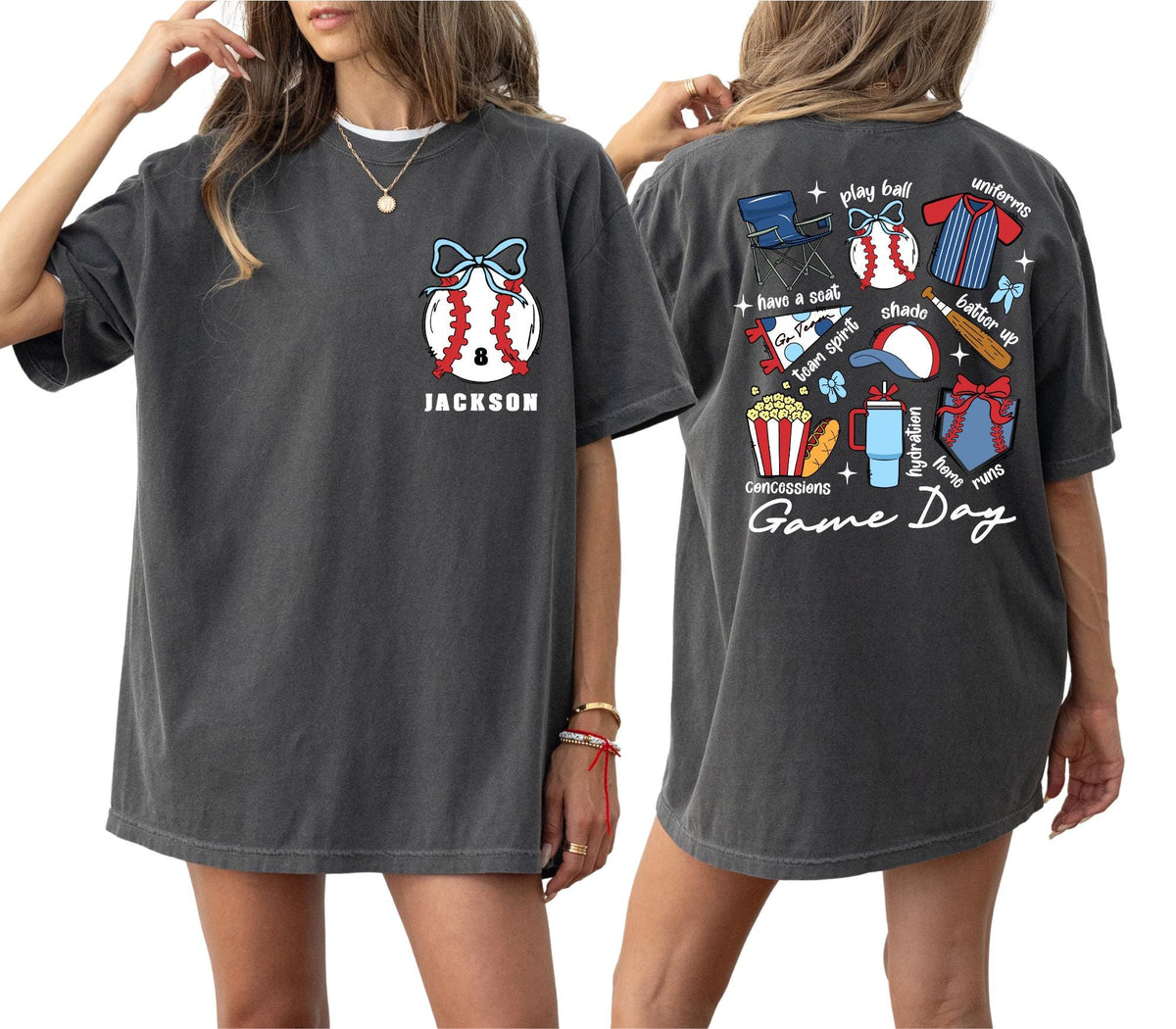 Personalized Baseball Mama Shirt, Baseball Mom Shirt with Kid Name Number, Game Day Mom Shirt, Coquette Baseball Mom Shirt