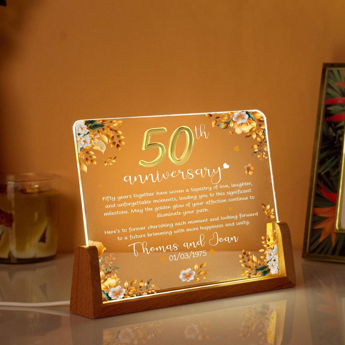 Personalized 50th Wedding Anniversary Night Light, 50 Gold Wedding LED Lamp Gift For Parents, Golden 50 Anniversary Gift, Husband Gift