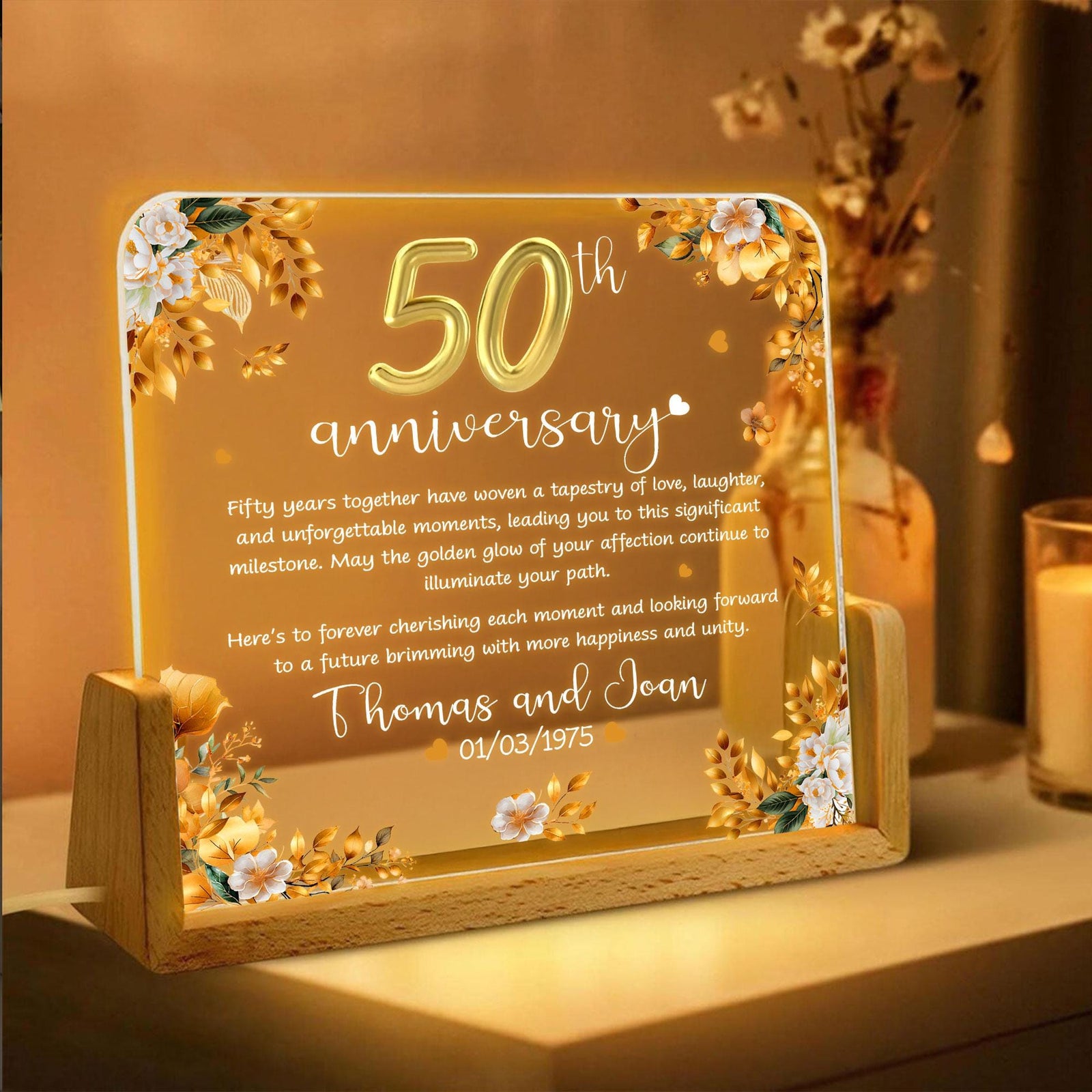 Personalized 50th Wedding Anniversary Night Light, 50 Gold Wedding LED Lamp Gift For Parents, Golden 50 Anniversary Gift, Husband Gift