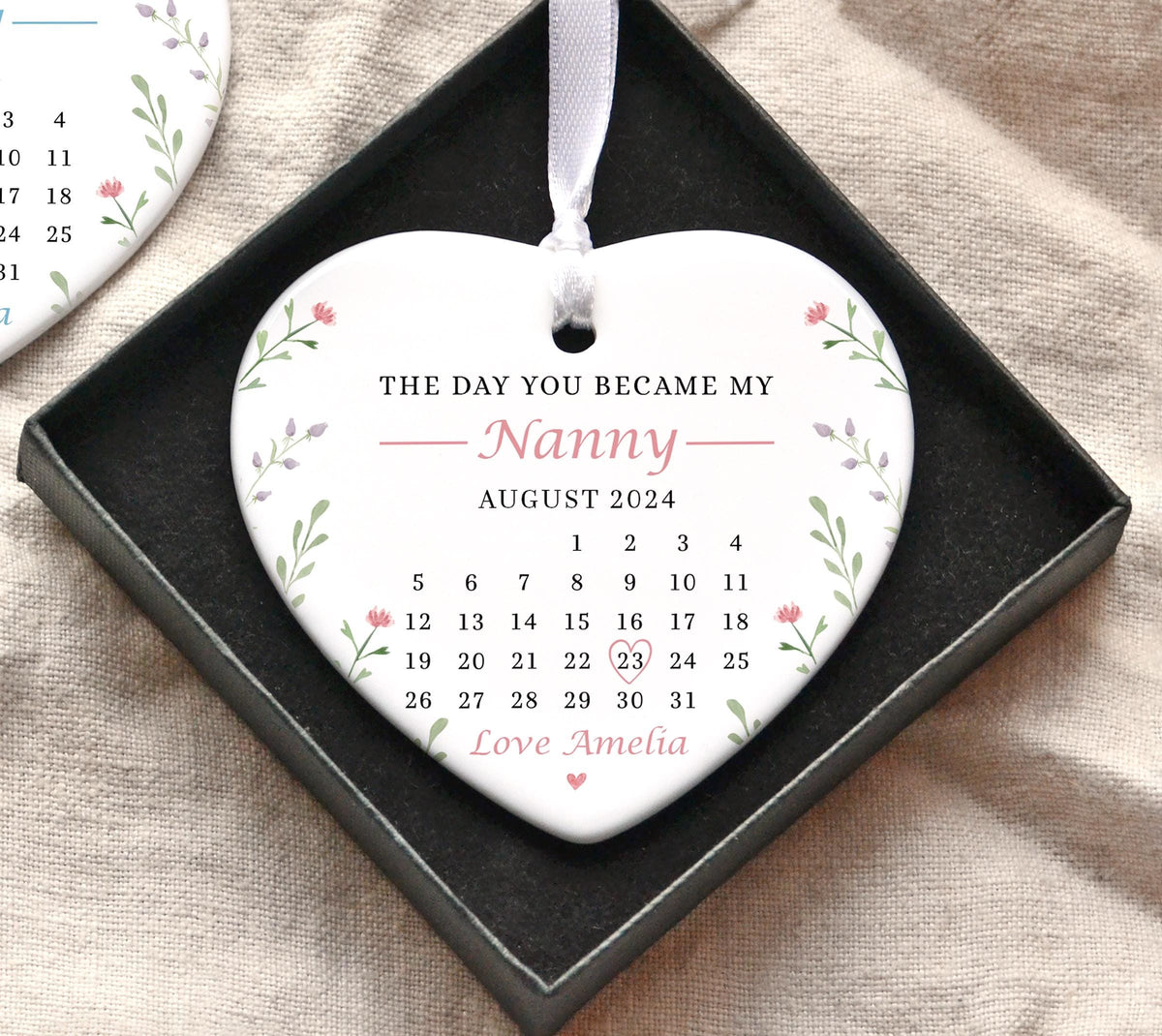 Personalised First Mother's Day As My Nanny Gift, New Nanna Grandma Nannie Keepsake, The Day You Became My Calendar Ceramic Heart Ornament