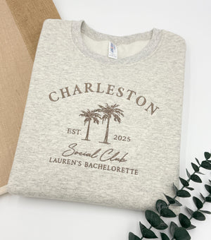 Custom Embroidered Bachelorette Sweatshirt | Personalized Bridal Party Hoodies | Girls Trip Crewneck | Charleston Bach | Luxury Gift for Her