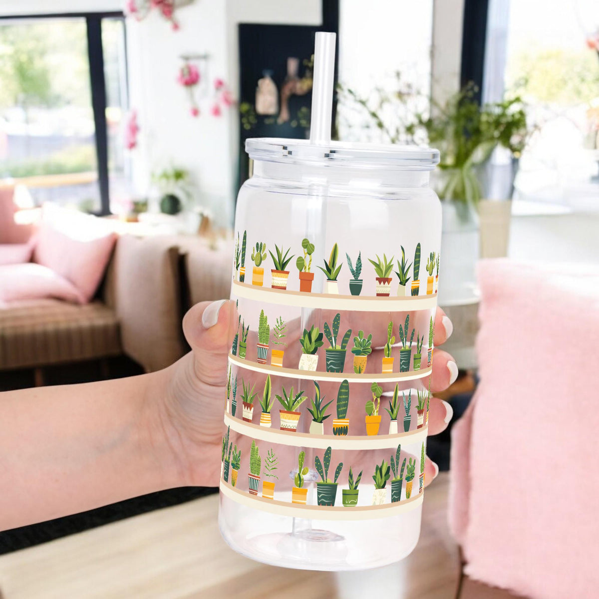 Succulent Glass Tumbler, Cactus and Houseplant Iced Coffee Glass Cup with Lid and Straw, Plant Lover Gift