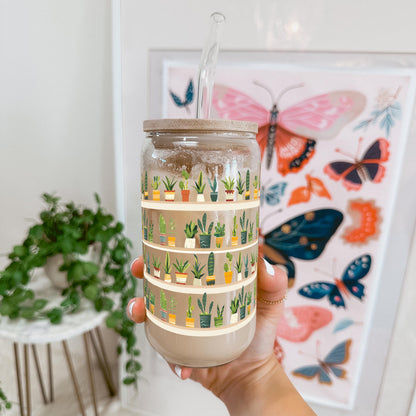Succulent Glass Tumbler, Cactus and Houseplant Iced Coffee Glass Cup with Lid and Straw, Plant Lover Gift