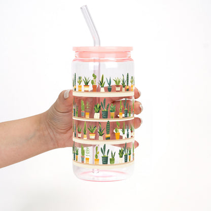 Succulent Glass Tumbler, Cactus and Houseplant Iced Coffee Glass Cup with Lid and Straw, Plant Lover Gift