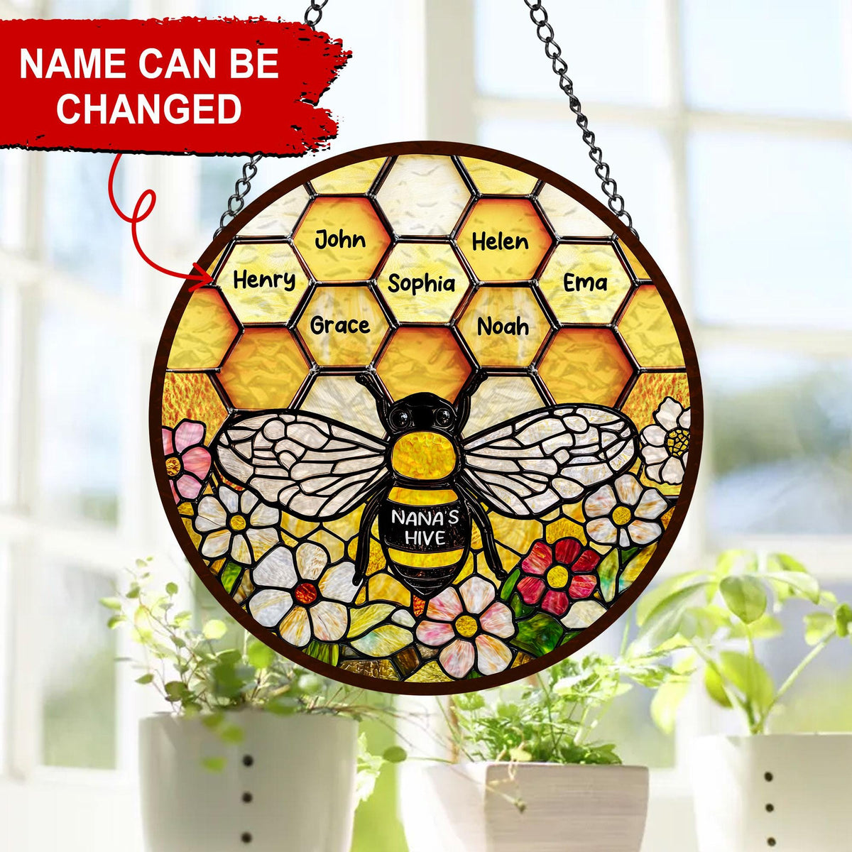 Custom Grandma's Garden Bee, Personalized Stained Glass Window Hanging Suncatcher, Custom Kids Name, Mother's Day Gift, Nana s Blessings