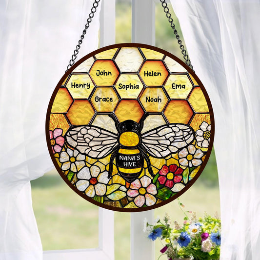 Custom Grandma's Garden Bee, Personalized Stained Glass Window Hanging Suncatcher, Custom Kids Name, Mother's Day Gift, Nana s Blessings