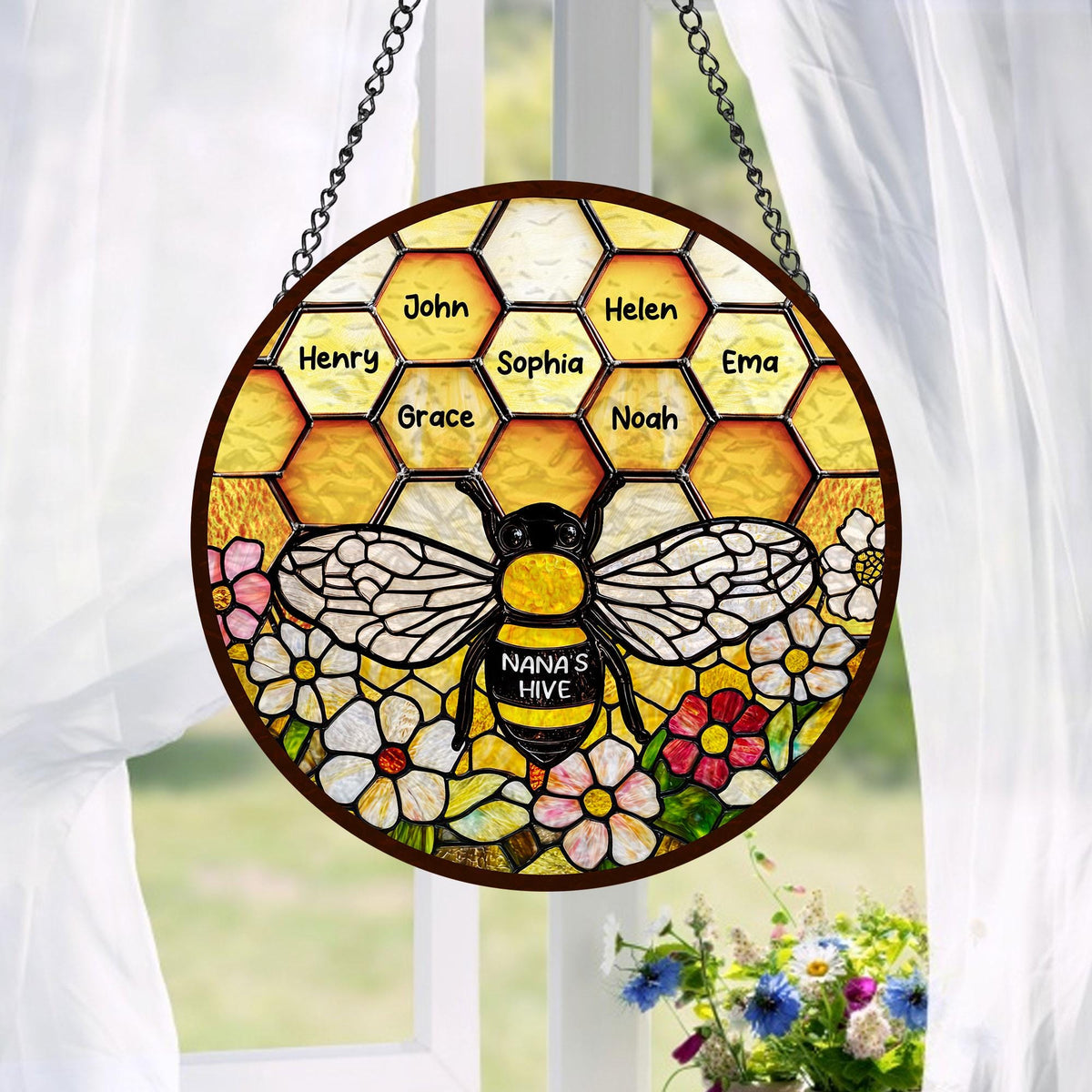 Custom Grandma's Garden Bee, Personalized Stained Glass Window Hanging Suncatcher, Custom Kids Name, Mother's Day Gift, Nana s Blessings