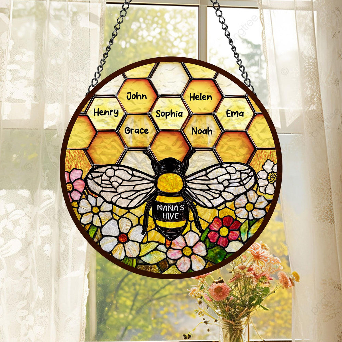 Custom Grandma's Garden Bee, Personalized Stained Glass Window Hanging Suncatcher, Custom Kids Name, Mother's Day Gift, Nana s Blessings