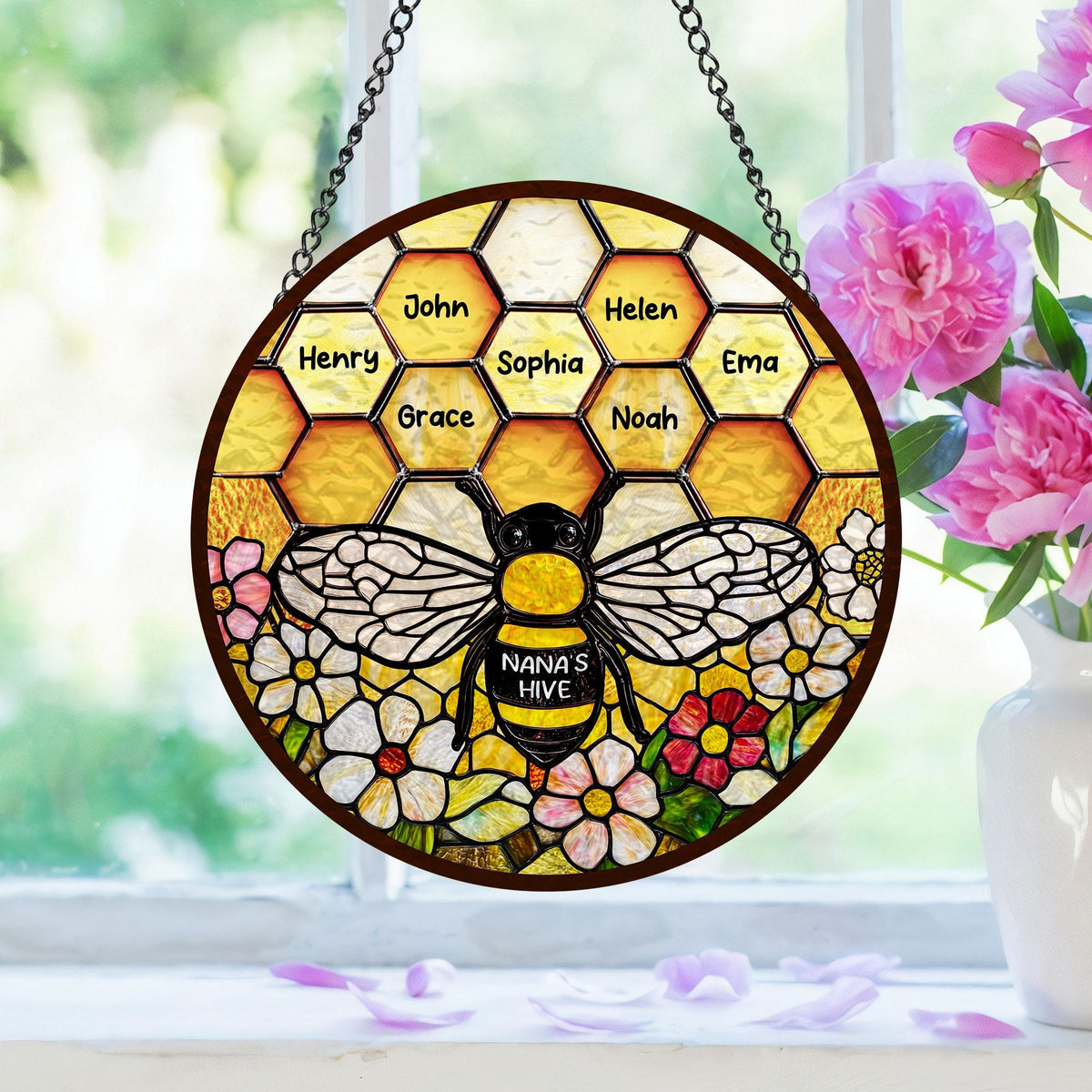 Custom Grandma's Garden Bee, Personalized Stained Glass Window Hanging Suncatcher, Custom Kids Name, Mother's Day Gift, Nana s Blessings