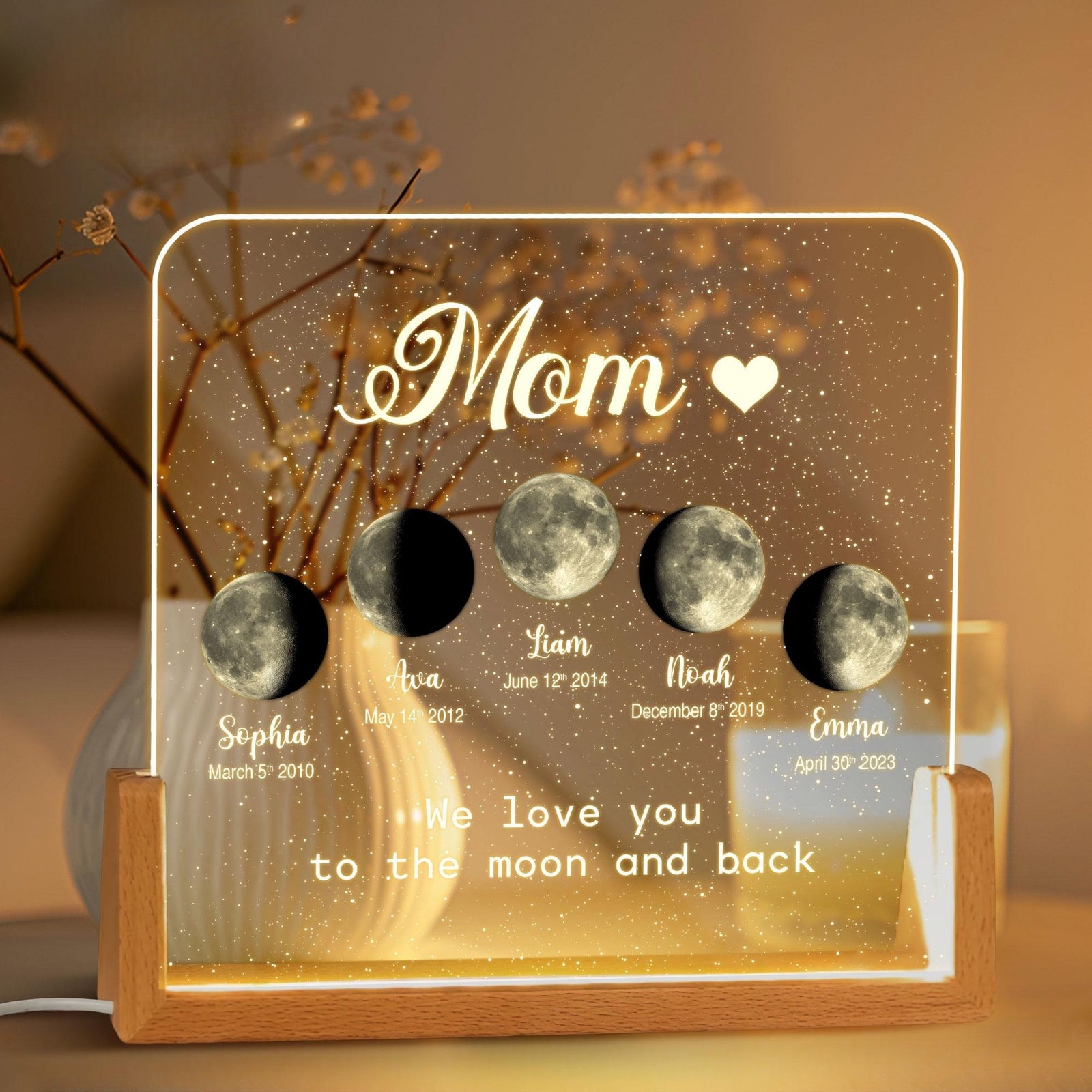 Personalized Moons Phase with Kids Names, Custom Moons Phase Night Light, Mother s Day Gift,Gift for Mom,The Day You Were Born Gift,Mom Gift