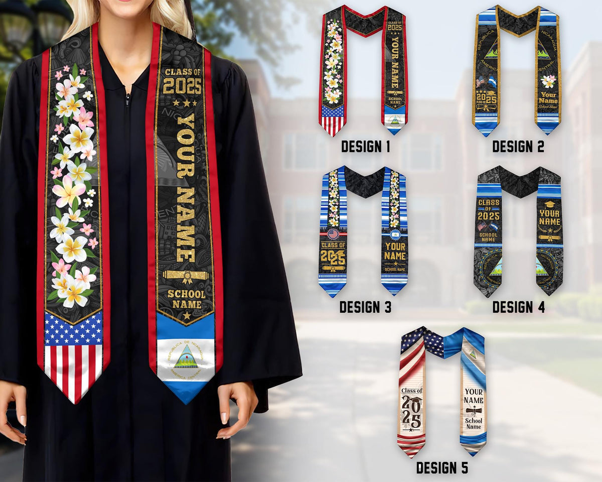 Personalized Nicaragua American Flag Graduation Sash 2025, Nicaragua Graduation Gift Stole Custom, Nicaragua Graduation Sash 2025 Gift