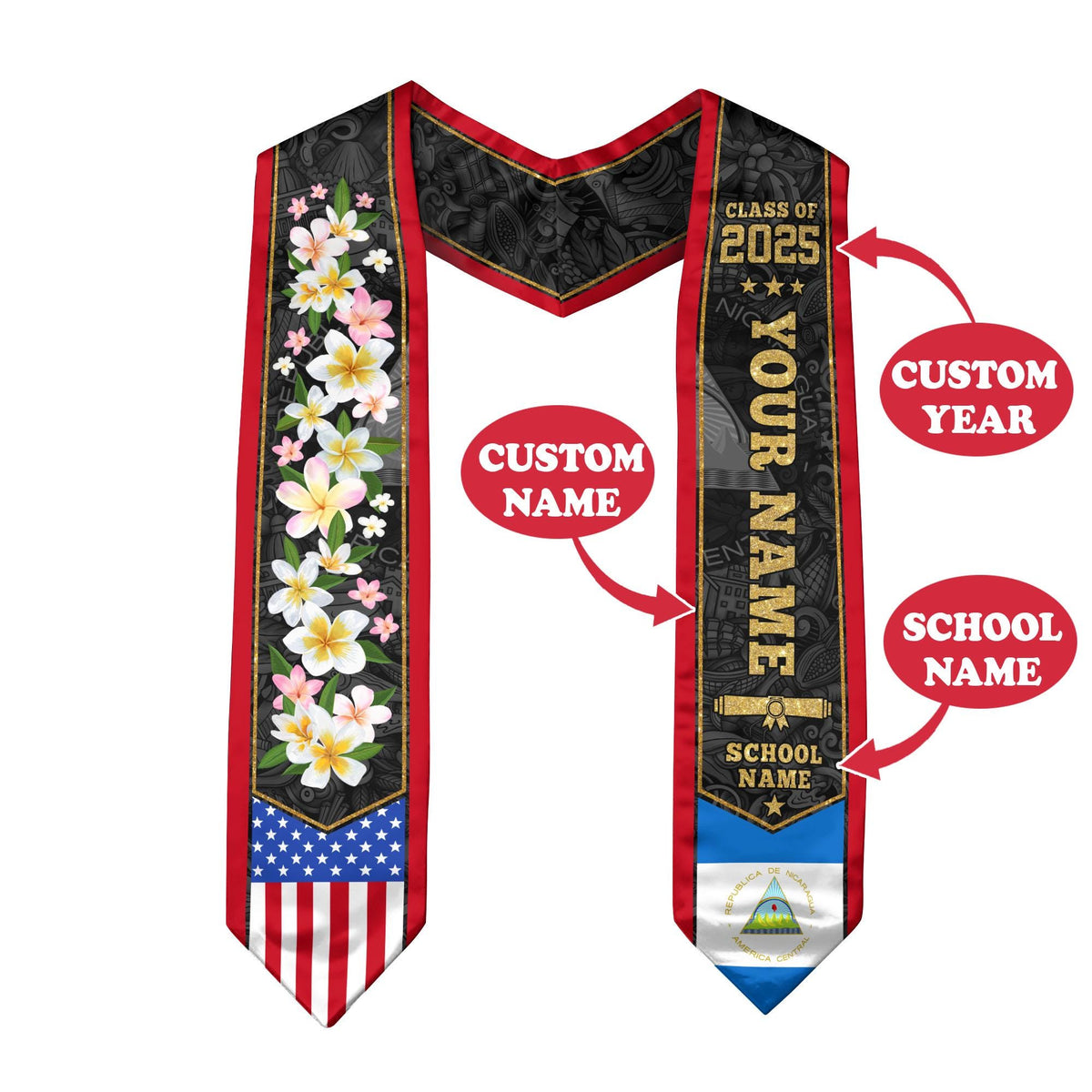 Personalized Nicaragua American Flag Graduation Sash 2025, Nicaragua Graduation Gift Stole Custom, Nicaragua Graduation Sash 2025 Gift