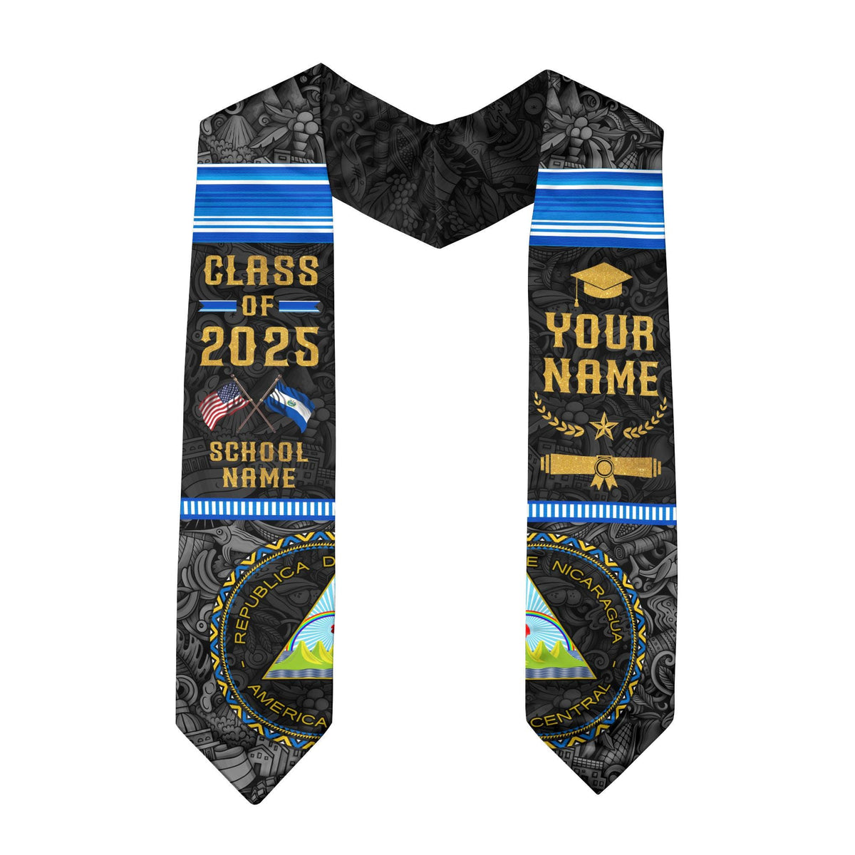 Personalized Nicaragua American Flag Graduation Sash 2025, Nicaragua Graduation Gift Stole Custom, Nicaragua Graduation Sash 2025 Gift