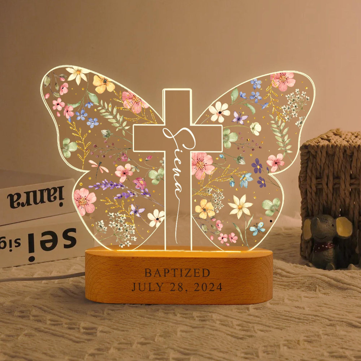 Personalized Baptism Gift For Kids, Custom Kids Name Butterfly Cross Night Light Gift For Goddaughter, Godson, Christian Nursery Decor Gift