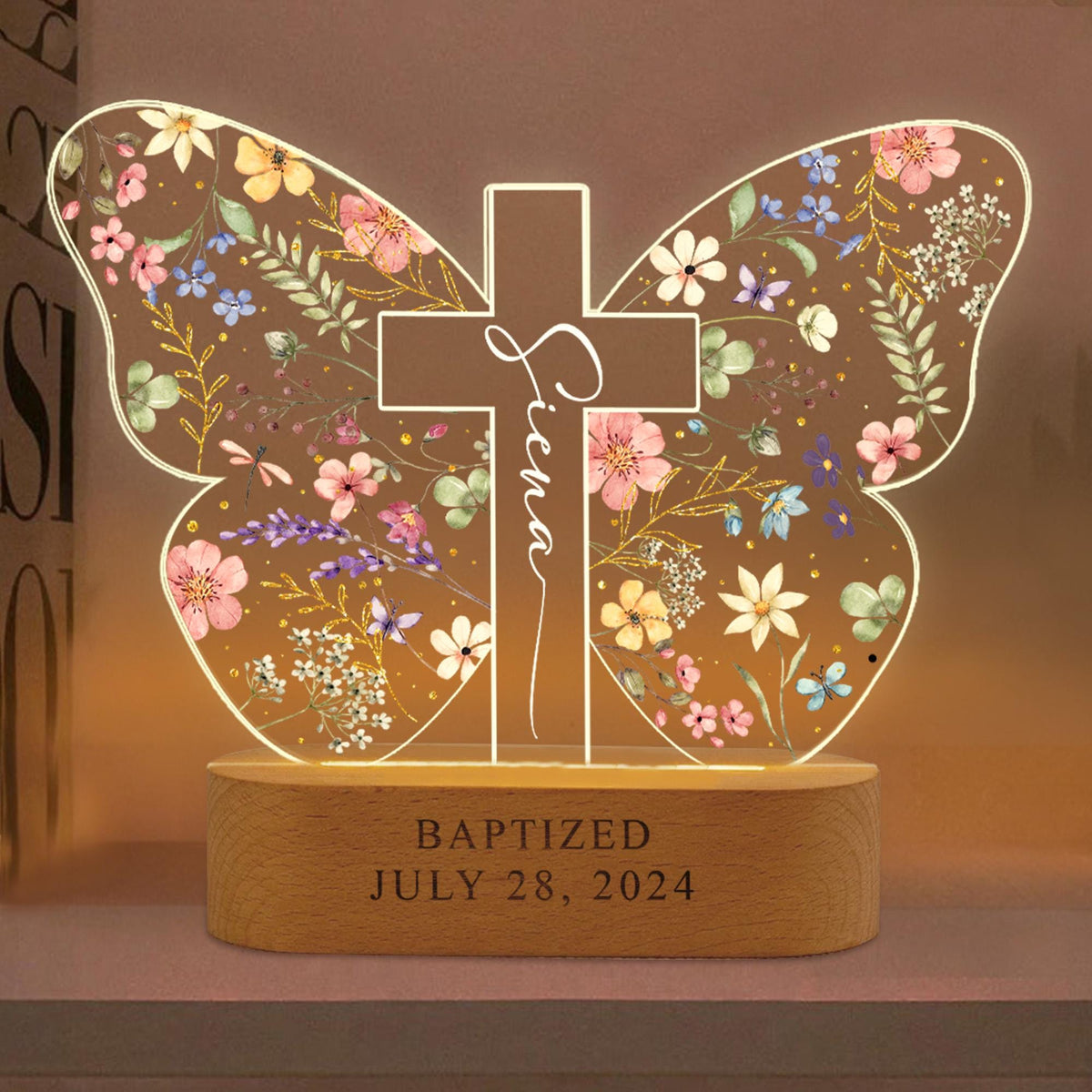 Personalized Baptism Gift For Kids, Custom Kids Name Butterfly Cross Night Light Gift For Goddaughter, Godson, Christian Nursery Decor Gift