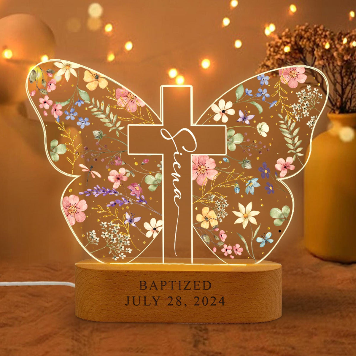 Personalized Baptism Gift For Kids, Custom Kids Name Butterfly Cross Night Light Gift For Goddaughter, Godson, Christian Nursery Decor Gift
