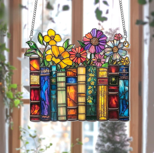 Flower Book Suncatcher ACRYLIC Window Hanging, Book Lover Gift, Book Club Gift, Book Lover Suncatcher, Book Reader Gifts, Book Club Ornament