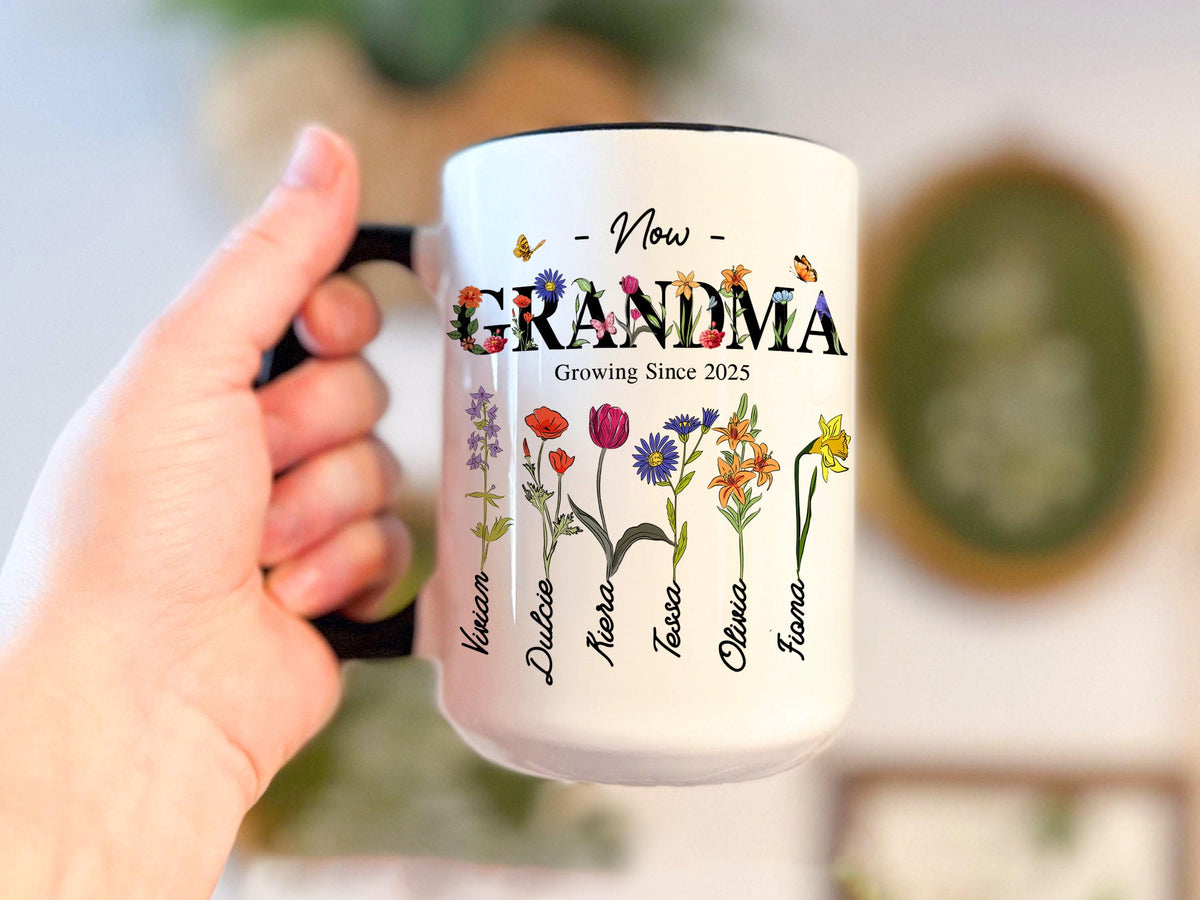 Personalized First Mom Now Grandma Gift, Grandmas Garden Mug, Custom Flower Birth Month Garden, Birthday Gift For Grandma, Mother's Day Gift