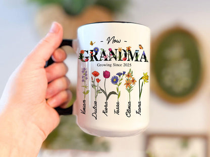 Personalized First Mom Now Grandma Gift, Grandmas Garden Mug, Custom Flower Birth Month Garden, Birthday Gift For Grandma, Mother's Day Gift