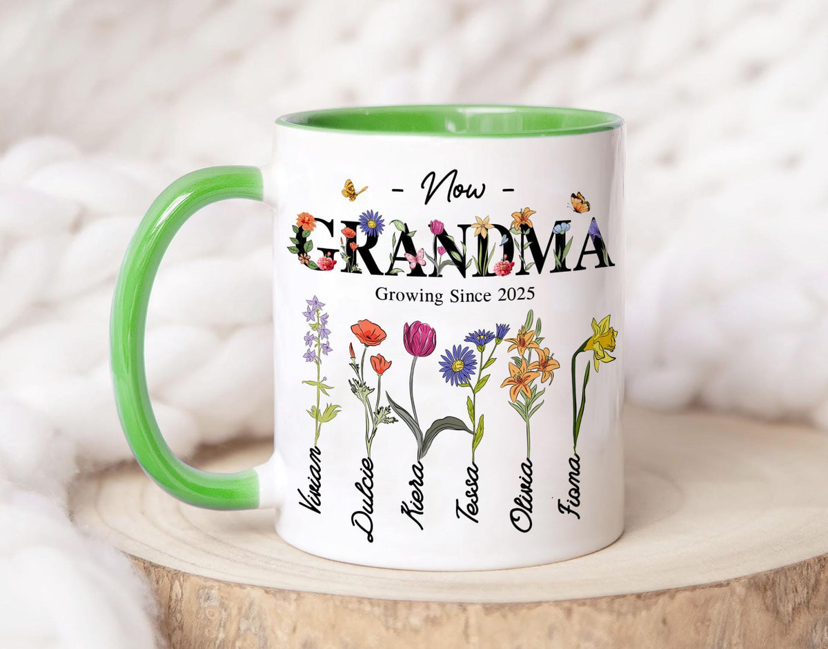Personalized First Mom Now Grandma Gift, Grandmas Garden Mug, Custom Flower Birth Month Garden, Birthday Gift For Grandma, Mother's Day Gift