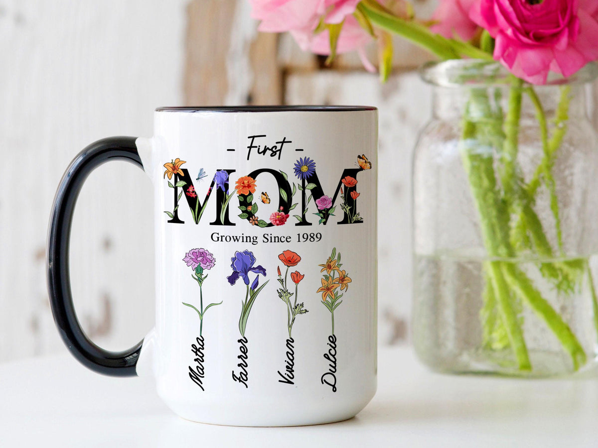 Personalized First Mom Now Grandma Gift, Grandmas Garden Mug, Custom Flower Birth Month Garden, Birthday Gift For Grandma, Mother's Day Gift