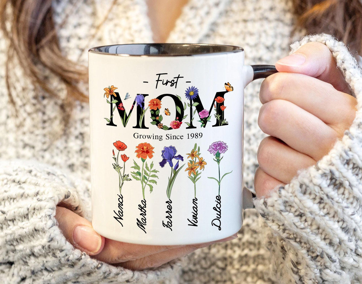 Personalized First Mom Now Grandma Gift, Grandmas Garden Mug, Custom Flower Birth Month Garden, Birthday Gift For Grandma, Mother's Day Gift