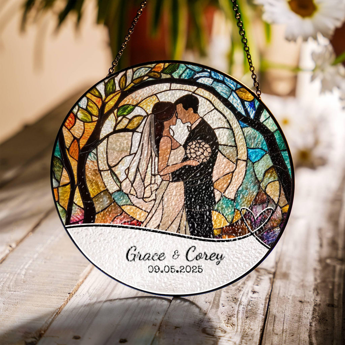 Wedding Gift SunCatcher Faux Stained Glass Ornament Bride and Groom Gift Light Catcher Mr & Mrs Couples Gift Bridal Shower Gift for Newlywed