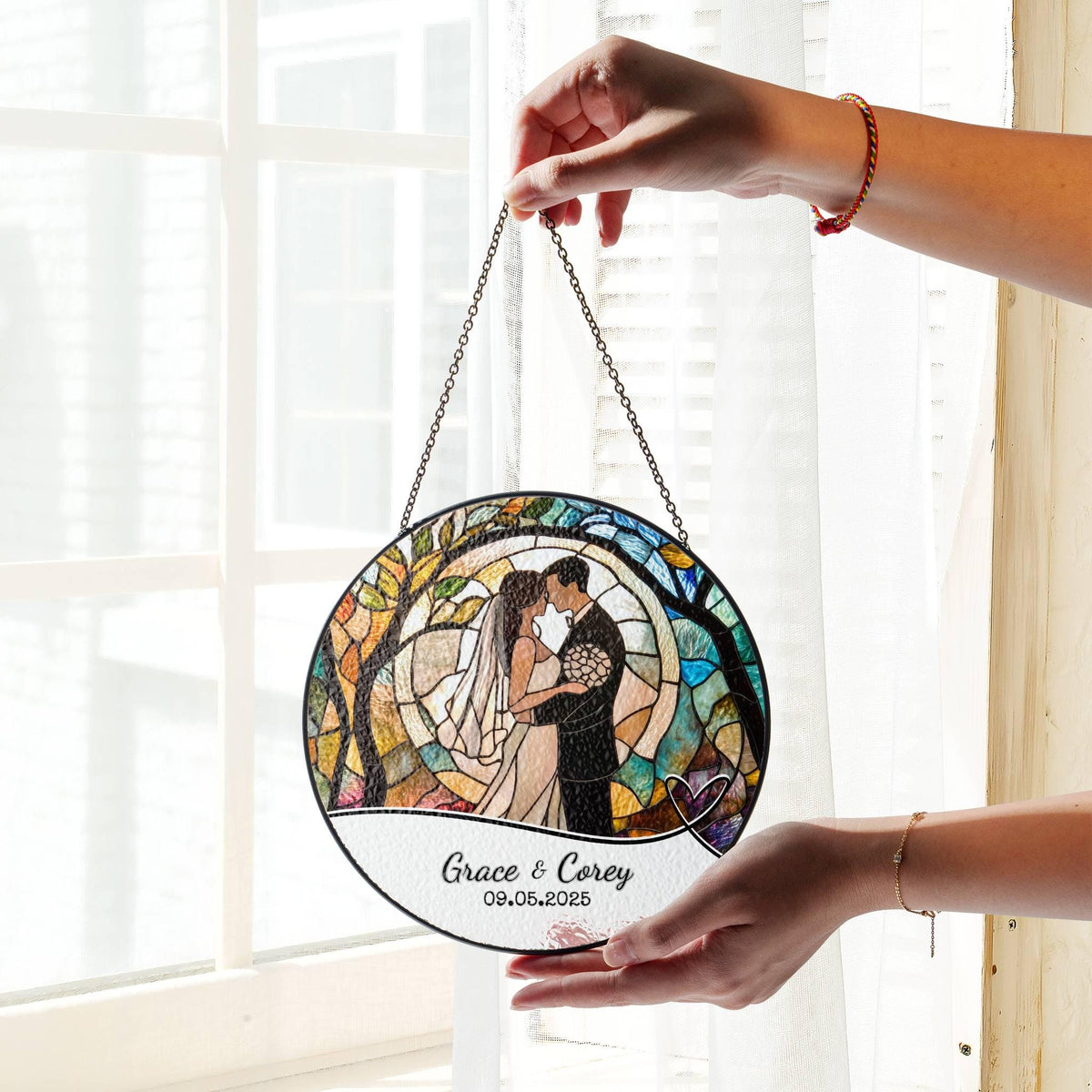 Wedding Gift SunCatcher Faux Stained Glass Ornament Bride and Groom Gift Light Catcher Mr & Mrs Couples Gift Bridal Shower Gift for Newlywed