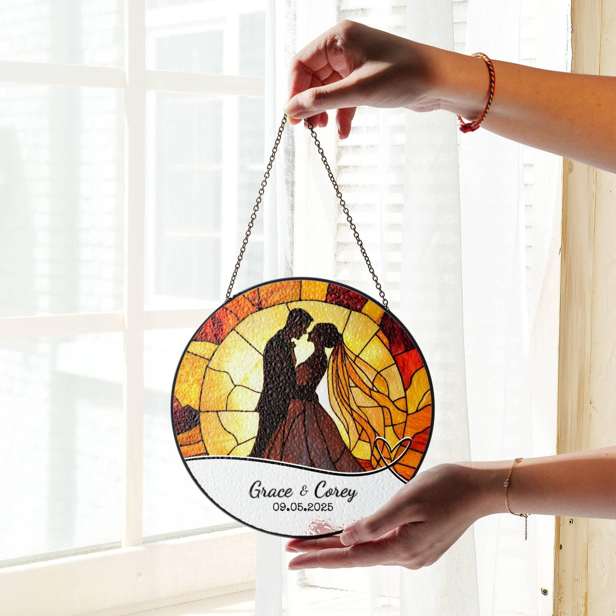 Wedding Gift SunCatcher Faux Stained Glass Ornament Bride and Groom Gift Light Catcher Mr & Mrs Couples Gift Bridal Shower Gift for Newlywed