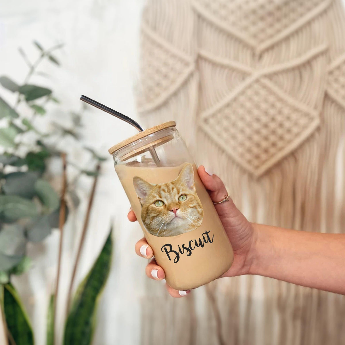 Personalized Dog Glass Beer Can with Bamboo Lid & Straw, Custom Pet Photo Iced Coffee Cup, Custom Cat Glass, Custom Dog Mug, Glass Tumbler